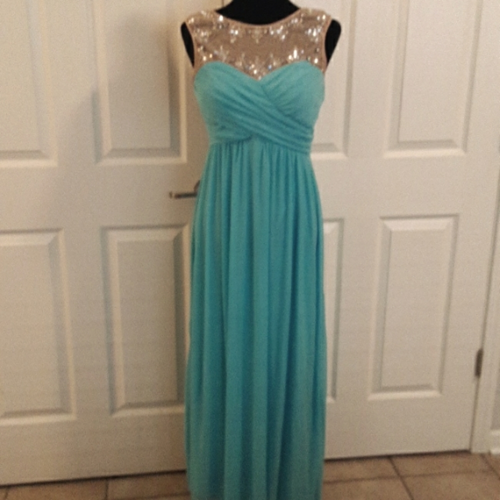 JODI KRISTOPHER Turquoise Chiffon Prom Gown with Sparkling & Gather…